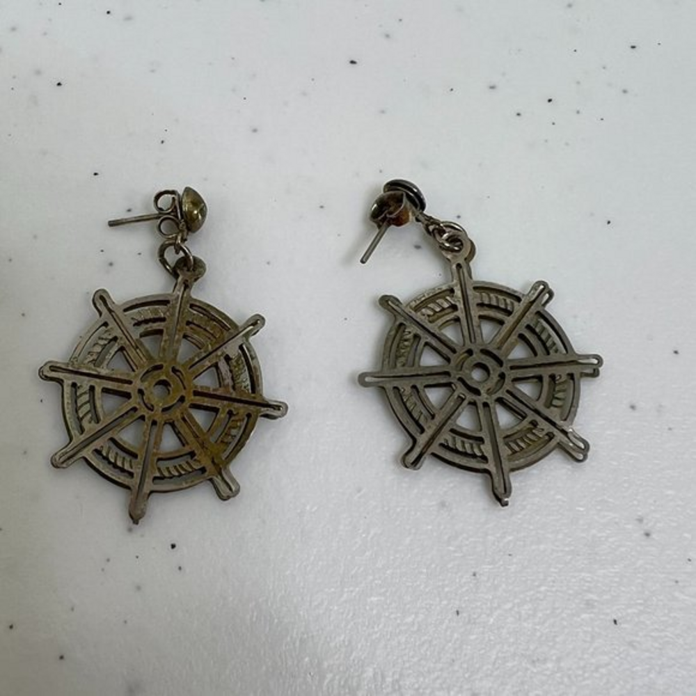 Anchor Dangle Earrings Silver Tone Textured Stud Statement Nautical Rope Used, s